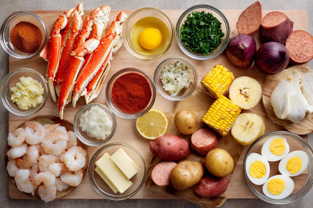 Red Crab Seafood Boil That Brings Everyone to the Table 7 Ingredients for red crab seafood boil arranged overhead including crab shrimp corn potatoes and spices