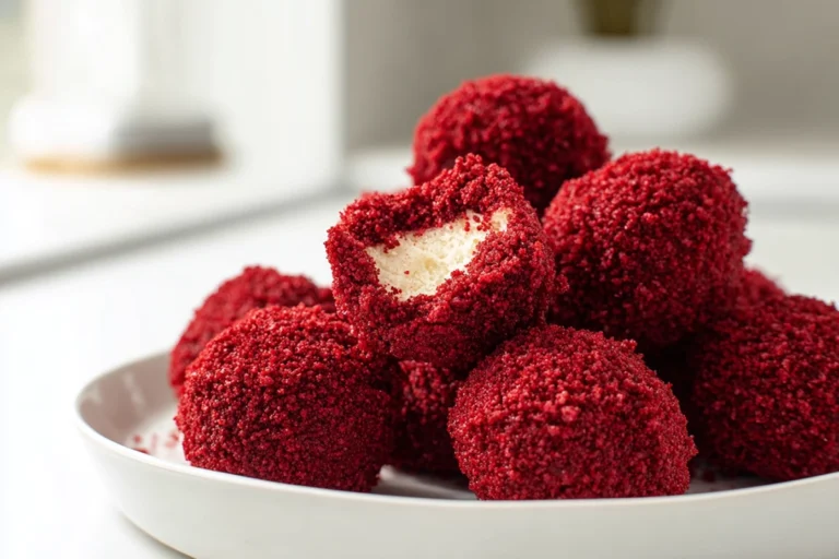 Red velvet cheesecake balls plated on a modern ceramic plate in a cozy home kitchen