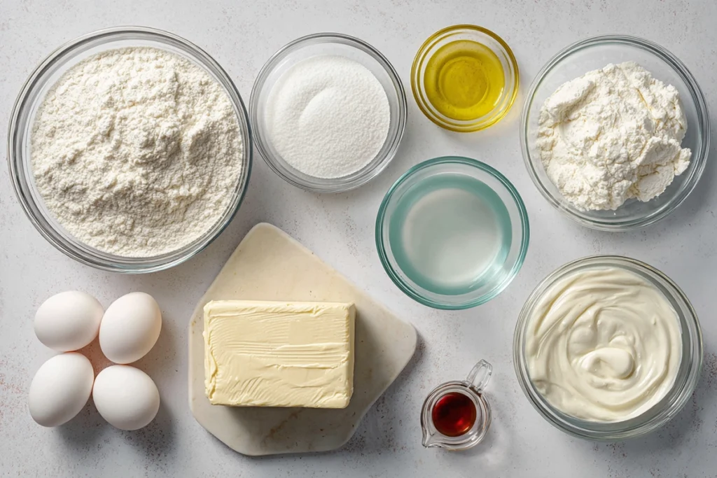 Ingredients for red velvet cheesecake balls arranged neatly in glass bowls overhead