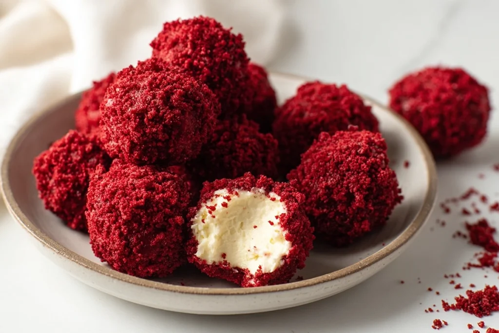 Red velvet cheesecake balls with creamy center ready to serve at home