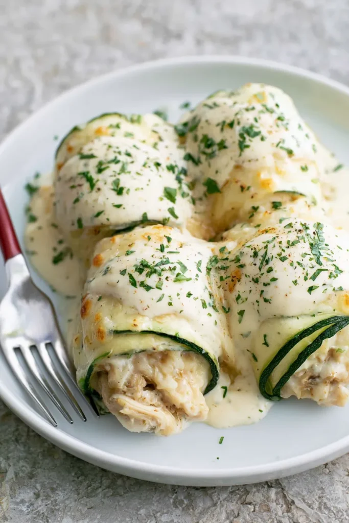 Zucchini Chicken Alfredo Roll Ups for an Easy Low-Carb Dinner 4 Reheated Zucchini Chicken Alfredo Roll Ups served with creamy sauce and parsley