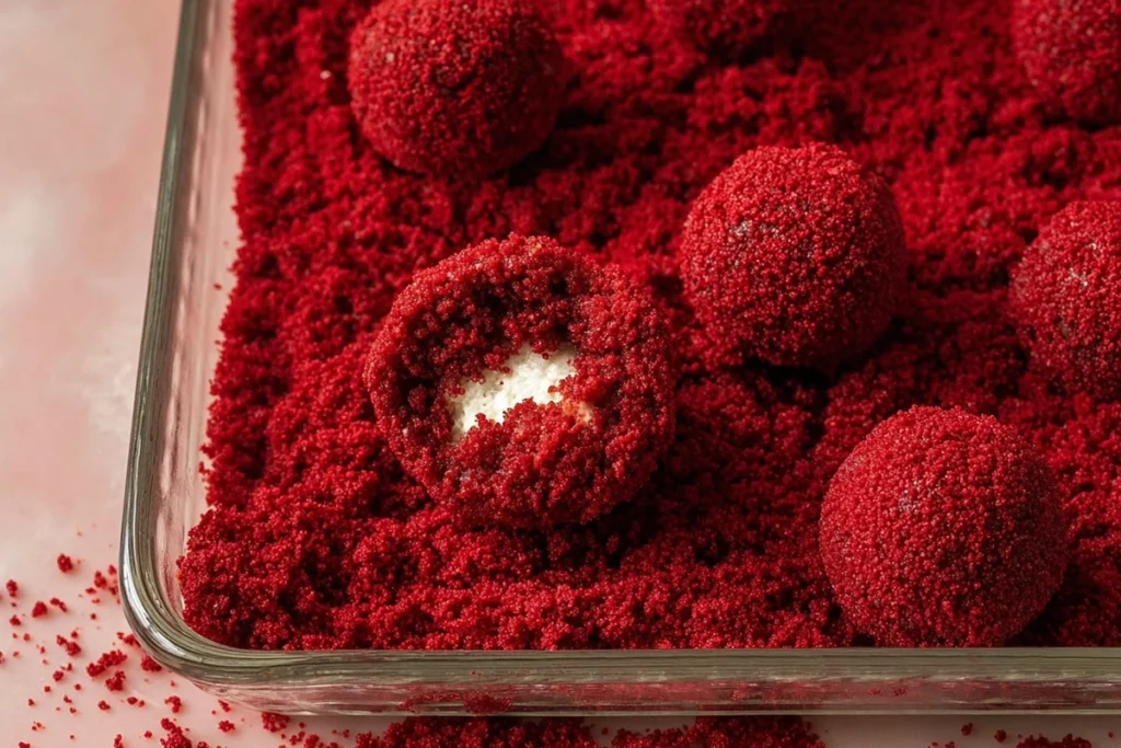 Rolling red velvet cheesecake balls in soft red velvet cake crumbs