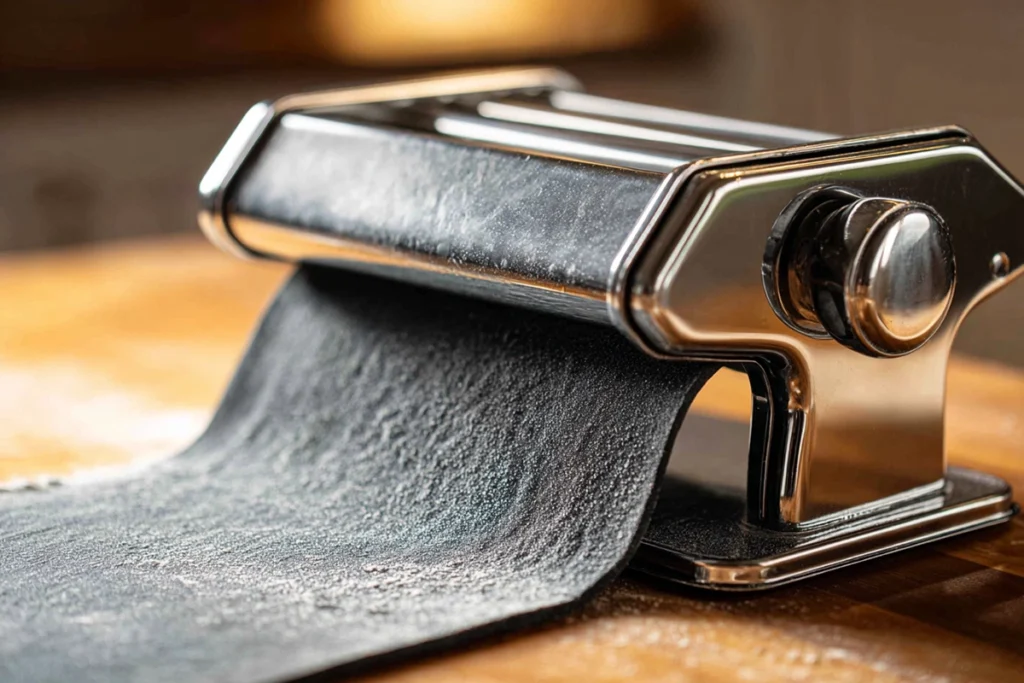 quid ink pasta dough being rolled thin