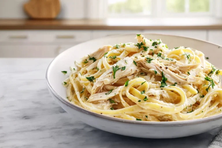 Creamy rotisserie chicken alfredo with glossy sauce and fettuccine