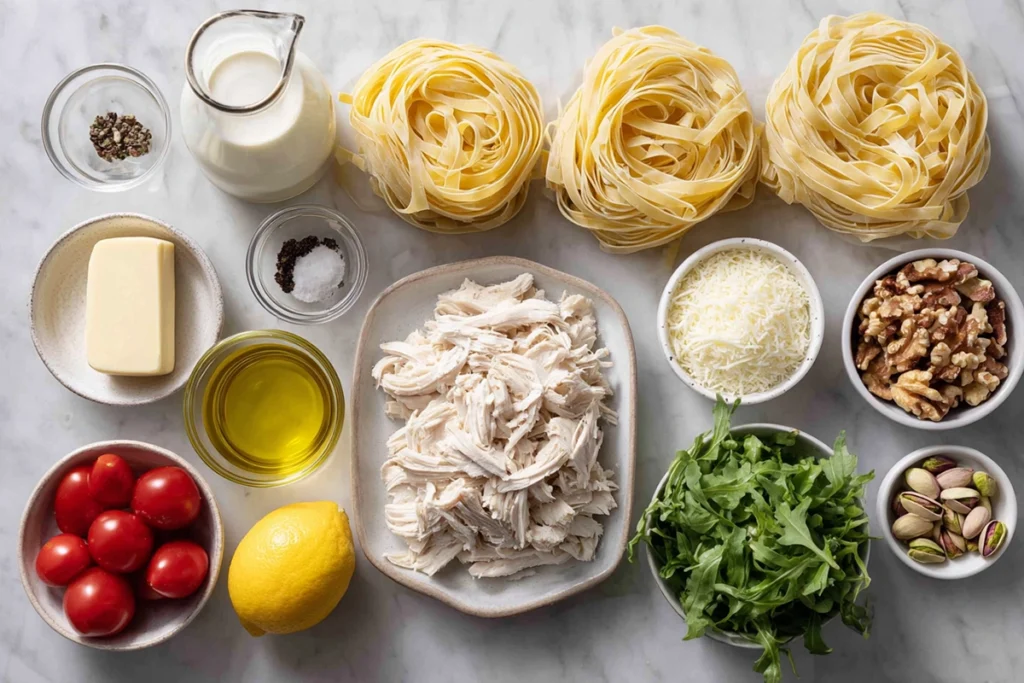 Ingredients for rotisserie chicken alfredo and arugula salad