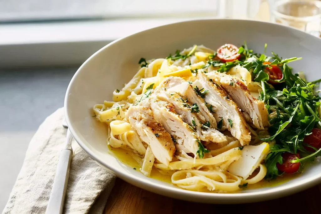 Rotisserie chicken alfredo served with peppery arugula salad