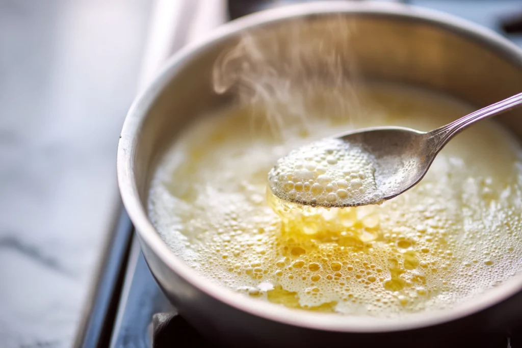 Alfredo sauce gently simmering for rotisserie chicken alfredo