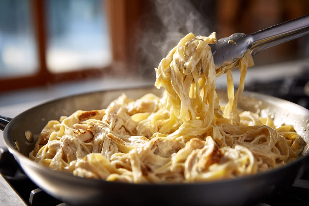 Tossing pasta and sauce for rotisserie chicken alfredo
