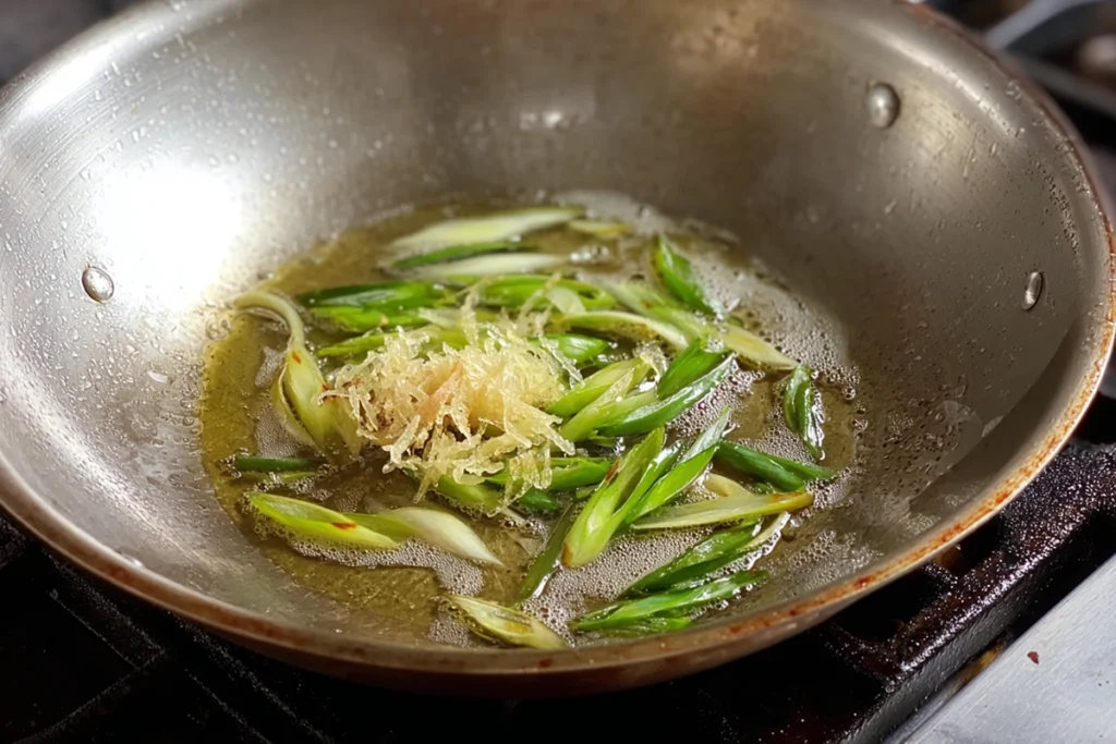 Seafood Mushrooms Stir-Fry That Feels Special but Stays Simple 8 ginger and green onions sautéing for seafood mushrooms recipe