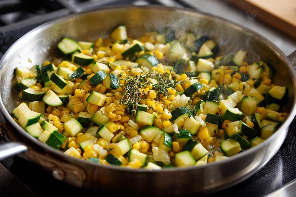 Parmesan zucchini and corn cooking in a skillet