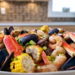 seafood boil recipe served on a plate with shrimp crab mussels and corn