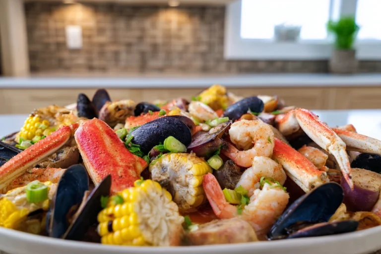 seafood boil recipe served on a plate with shrimp crab mussels and corn