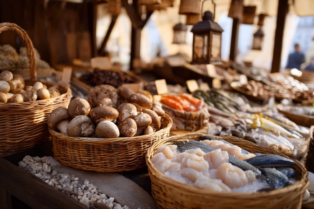 seafood mushroom Ingredient Selection – Fresh Seafood & Mushrooms at Market