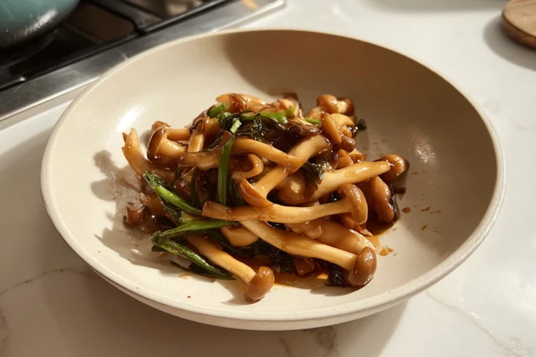 seafood mushrooms stir-fry served warm on a ceramic plate