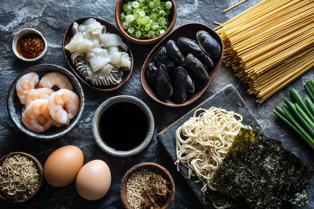 seafood ramen Ingredients Flat Lay
