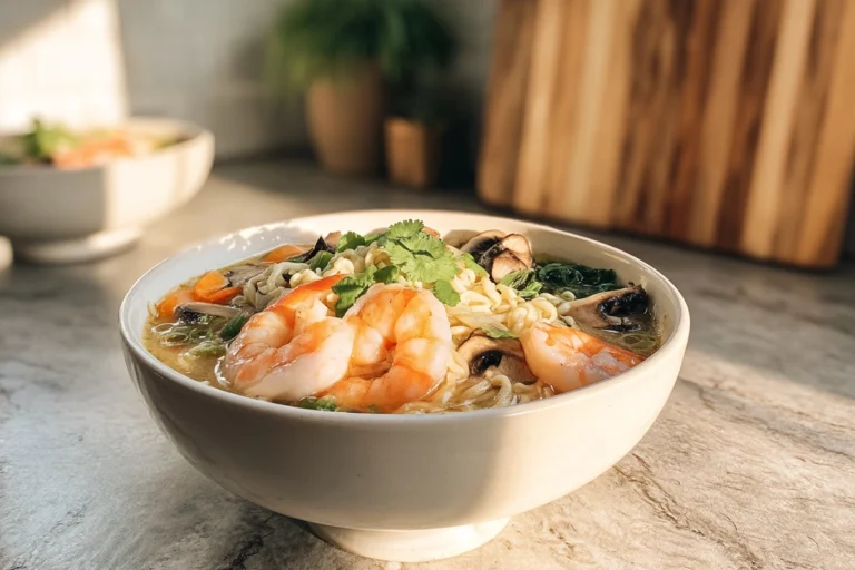 warm homemade seafood ramen served in a modern kitchen