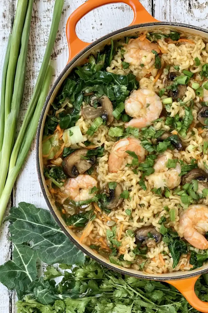 Seafood Ramen with Shrimp and Vegetables in 20 Minutes 2 Seafood Ramen with Shrimp, Mushrooms, Bok Choy, and Noodles in a Dutch Oven