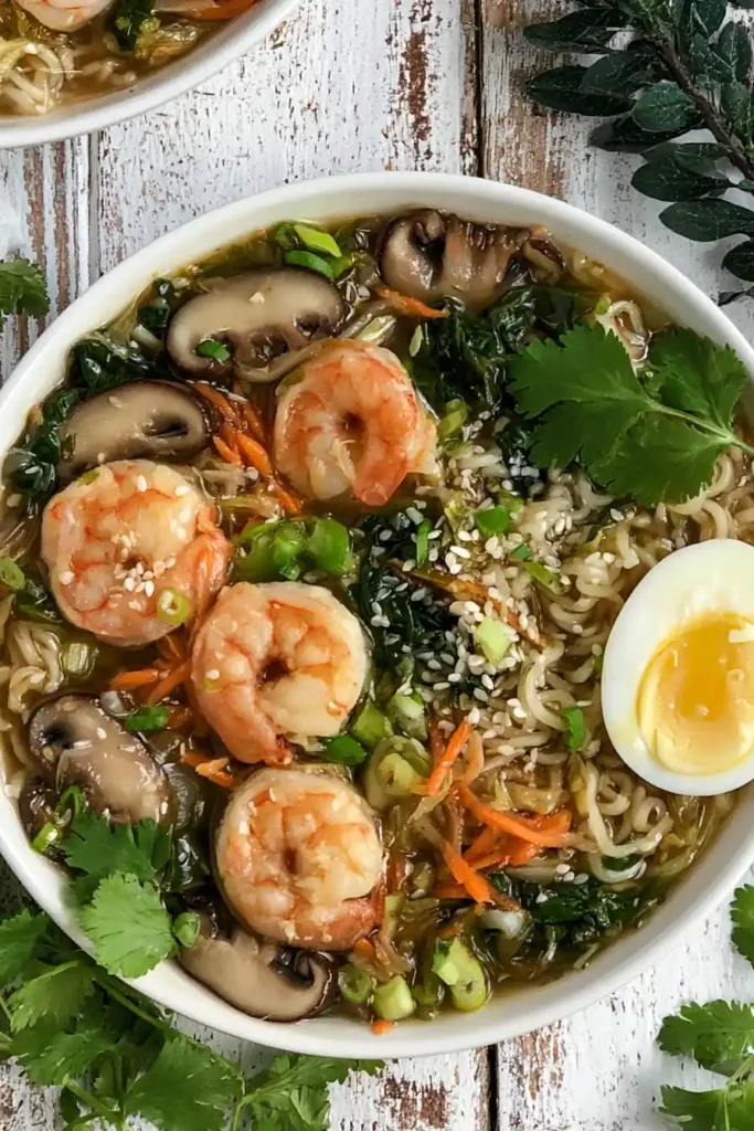 Seafood Ramen with Shrimp and Vegetables in 20 Minutes 3 Seafood Ramen with Cooked Shrimp, Soft-Boiled Egg, Mushrooms, and Vegetables