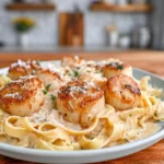 seared scallops cajun cream sauce plated with pasta in a cozy home kitchen