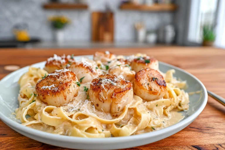 seared scallops cajun cream sauce plated with pasta in a cozy home kitchen
