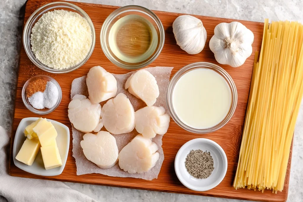 ingredients for seared scallops cajun cream sauce arranged overhead