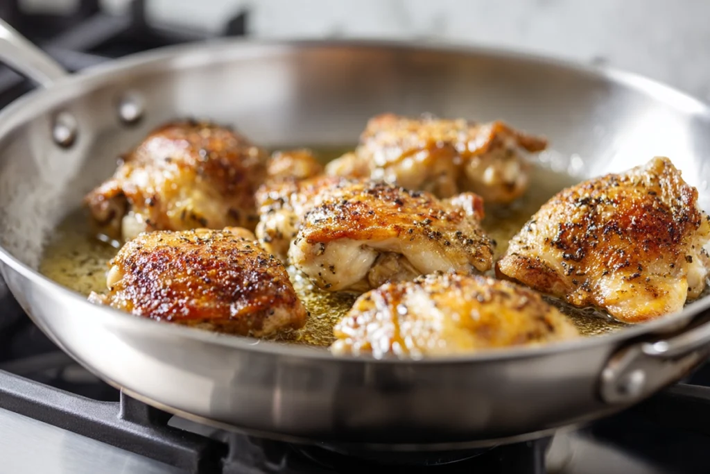 Chicken thighs searing in a skillet for Mexican chicken and rice