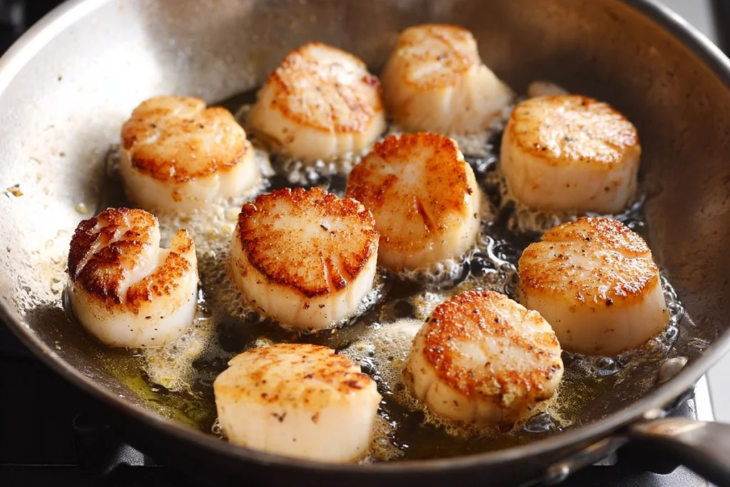 seared scallops cajun cream sauce scallops browning in skillet