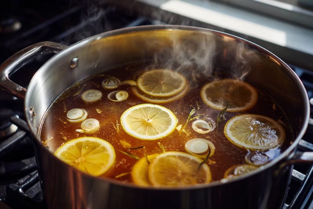 Red Crab Seafood Boil That Brings Everyone to the Table 8 Seasoned broth simmering in a pot for red crab seafood boil
