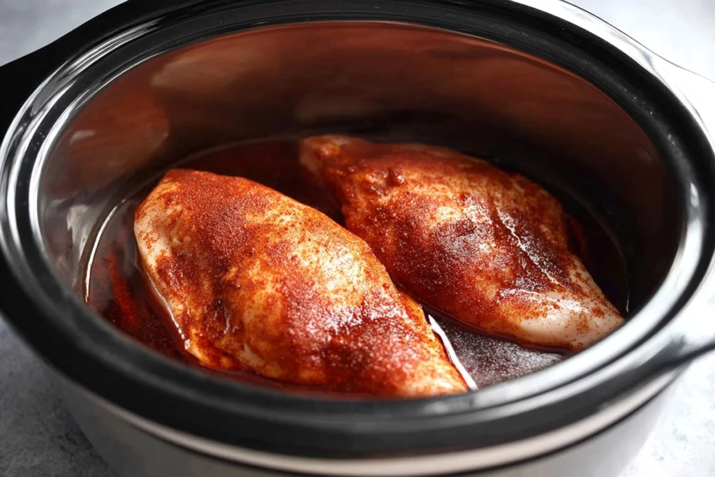 seasoned chicken breasts prepared for slow cooker bbq chicken