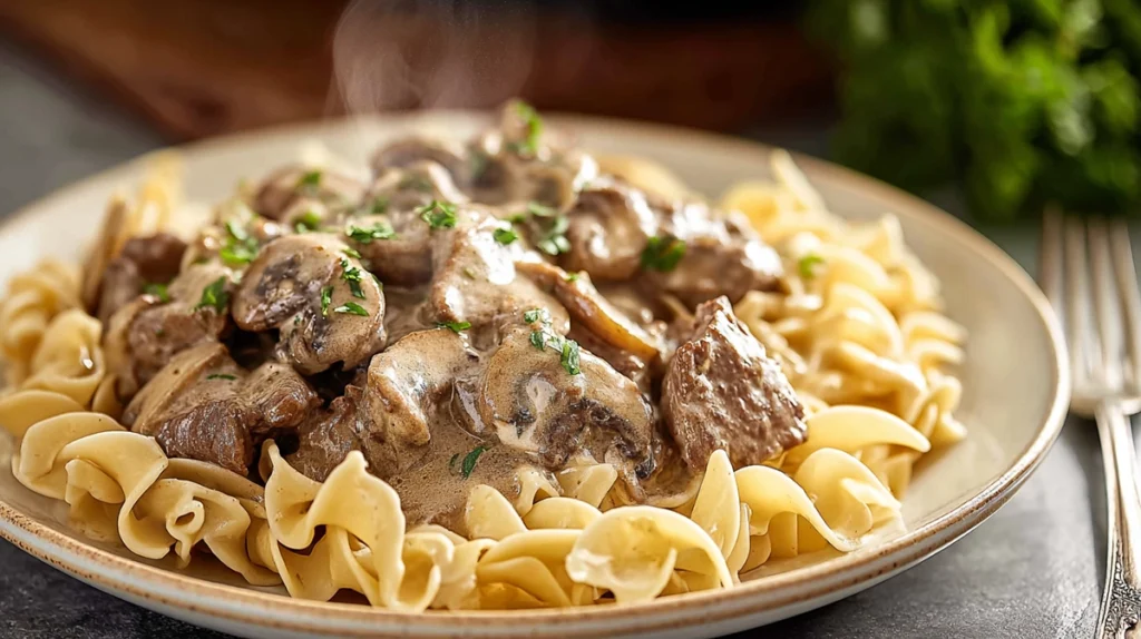Old fashioned beef stroganoff served hot and ready to eat