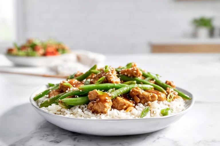 Sticky sesame chicken with green beans and rice in a white bowl