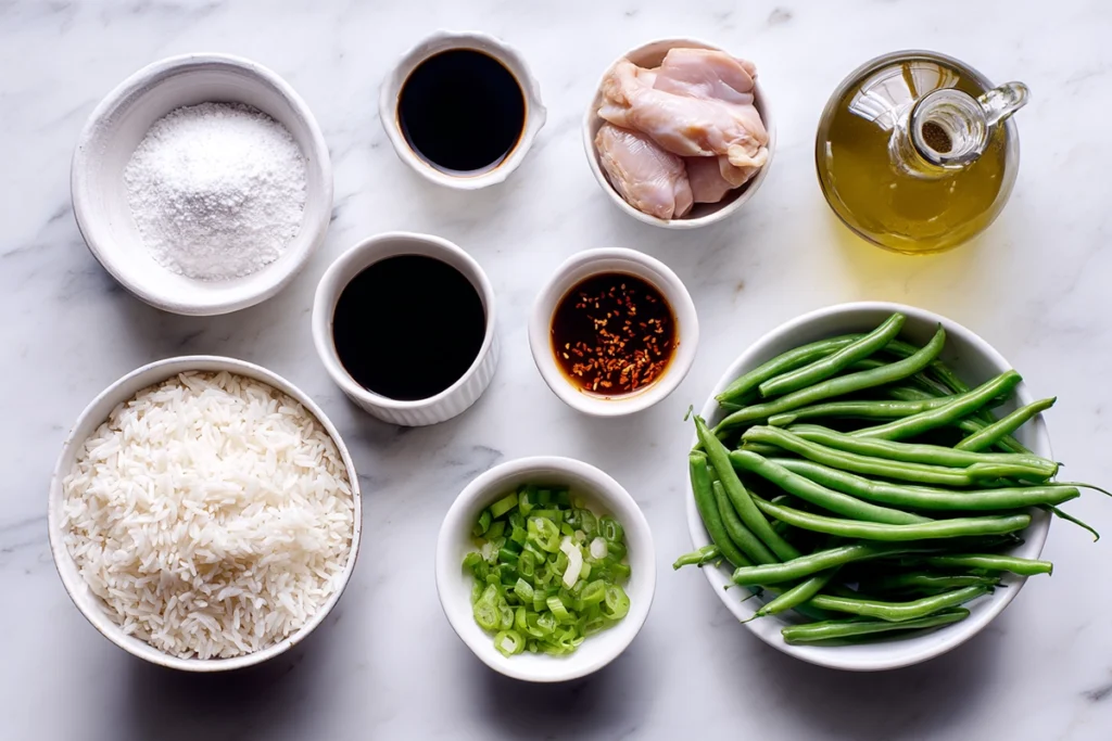Ingredients for sesame chicken green beans rice recipe arranged on marble