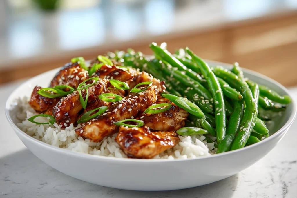 Served sesame chicken green beans rice bowl with scallions