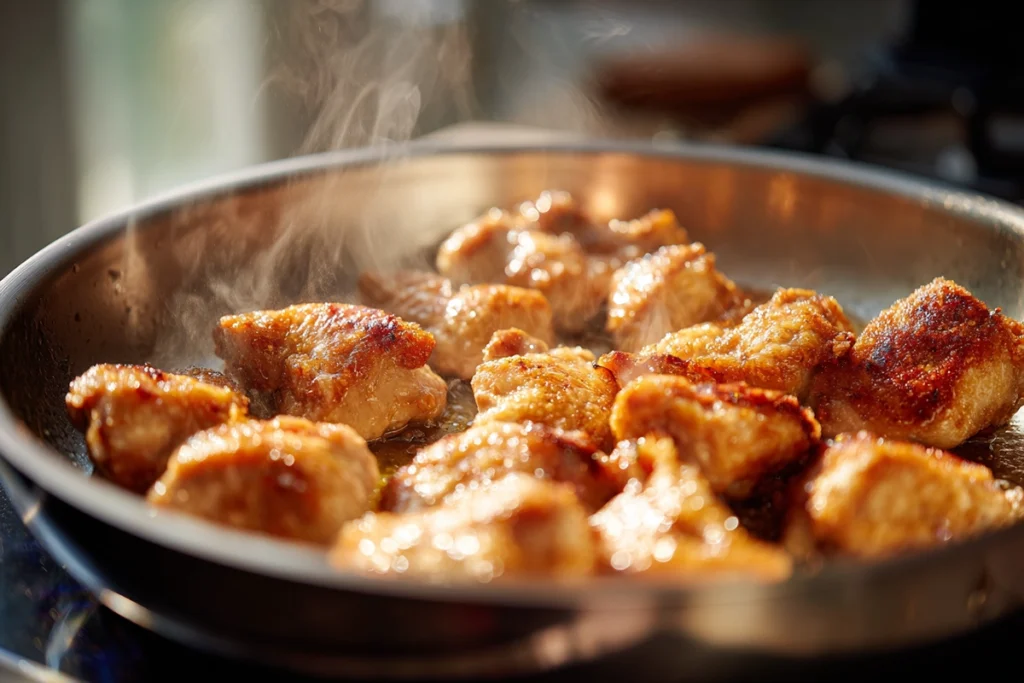 Chicken thighs browning in skillet for sesame chicken green beans rice recipe