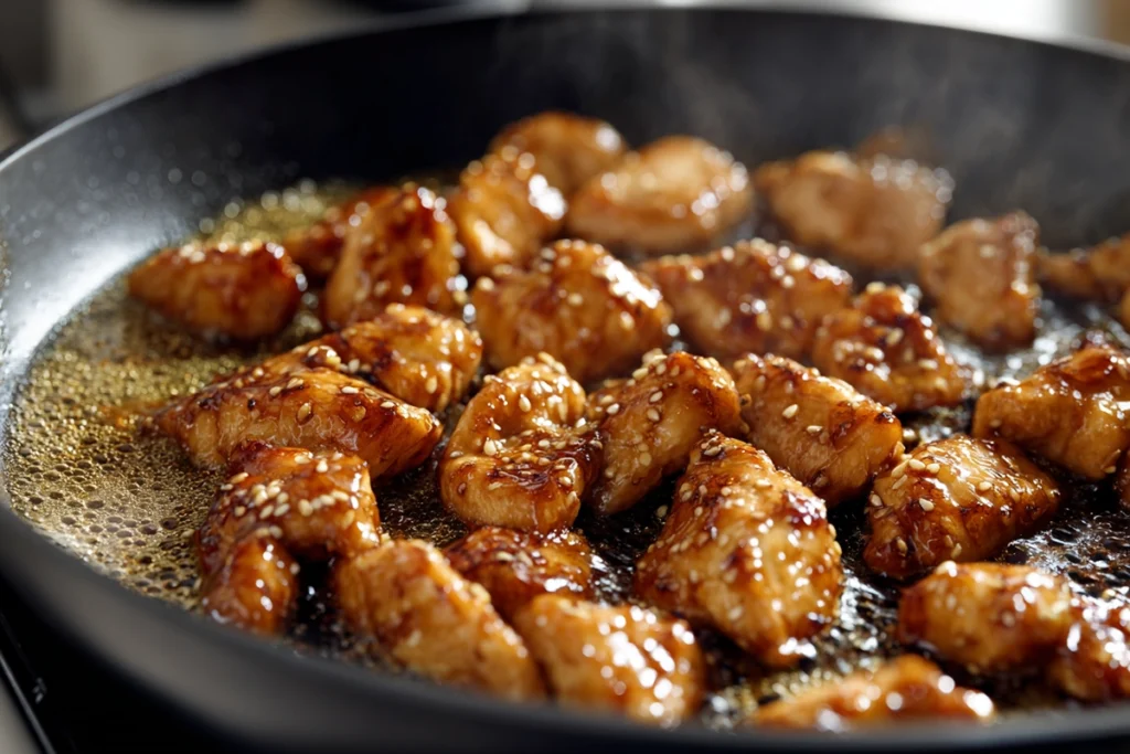 Sticky sesame sauce coating chicken in pan