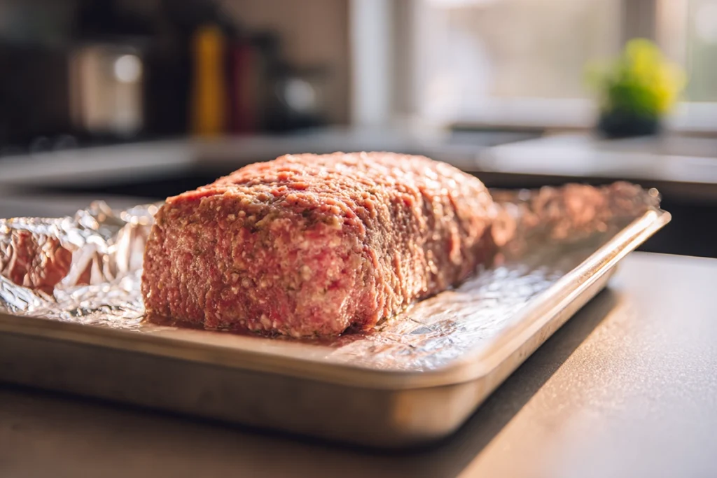 shaping balsamic glazed meatloaf on a baking sheet before baking