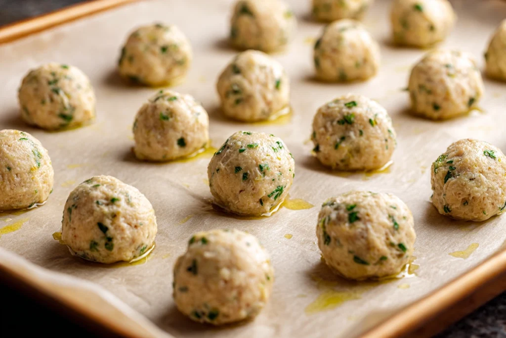 shaping southern style baked chicken ricotta meatballs before baking