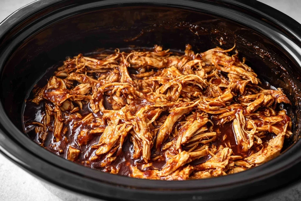 shredded slow cooker bbq chicken showing tender texture and sauce