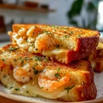 shrimp and garlic bread grilled cheese sandwich on a modern plate