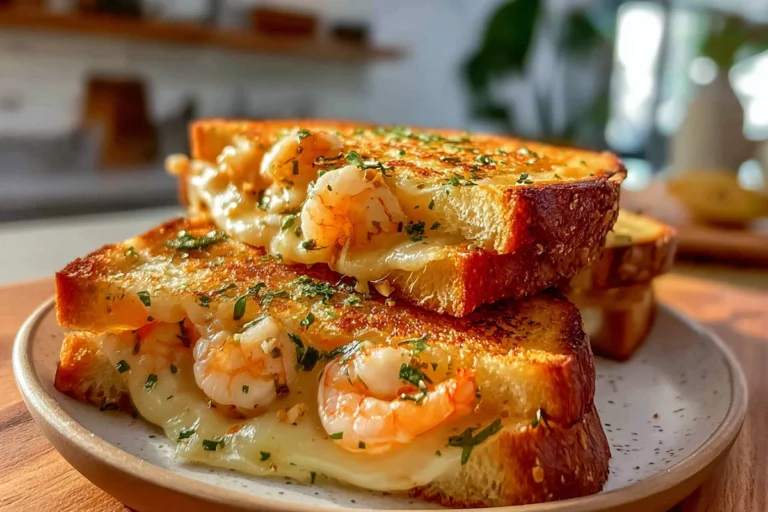 shrimp and garlic bread grilled cheese sandwich on a modern plate