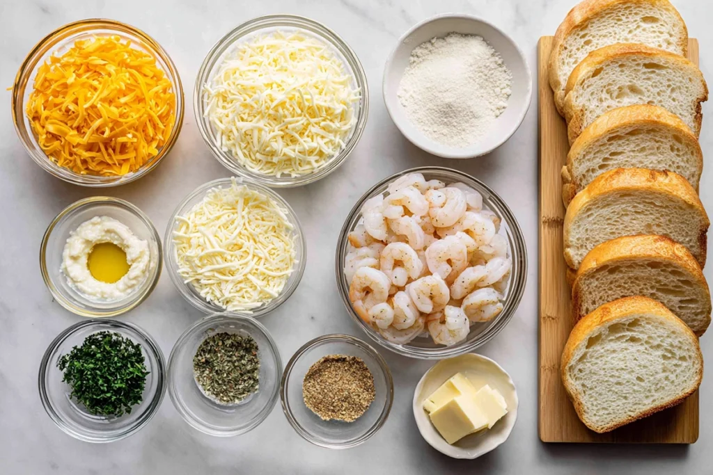 ingredients for shrimp and garlic bread grilled cheese arranged overhead