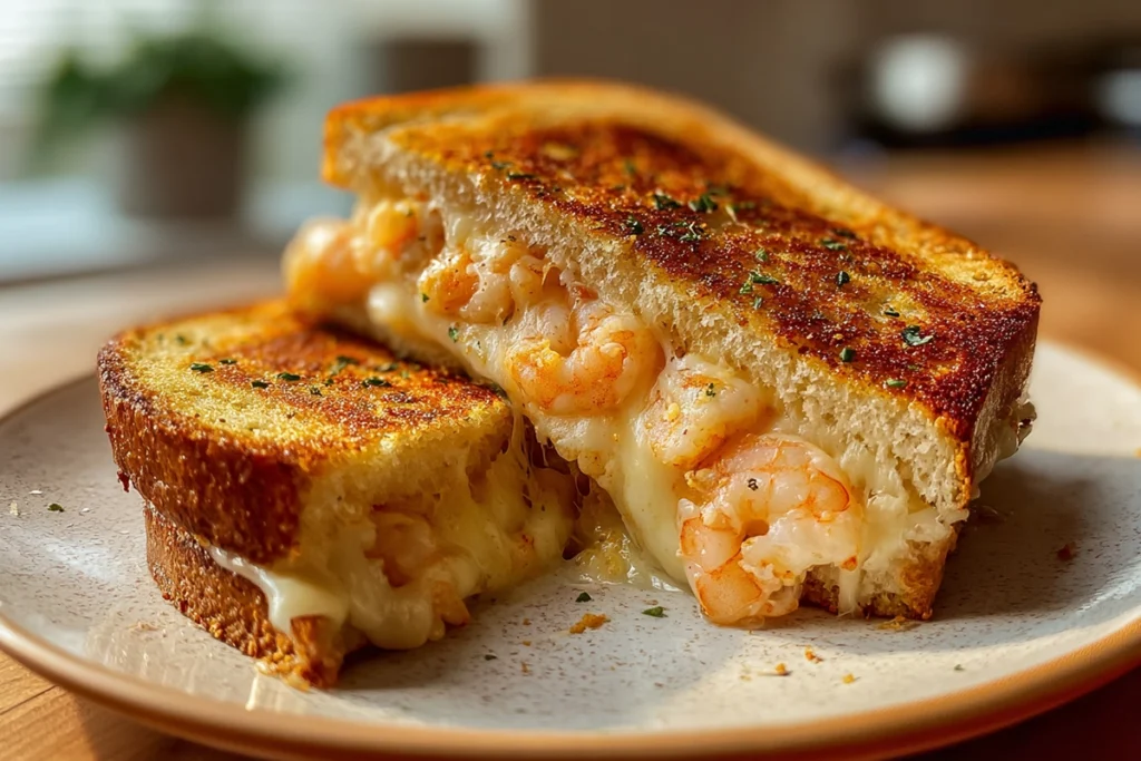 shrimp and garlic bread grilled cheese cut open and ready to eat