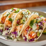 shrimp taco recipe served on a plate with fresh toppings