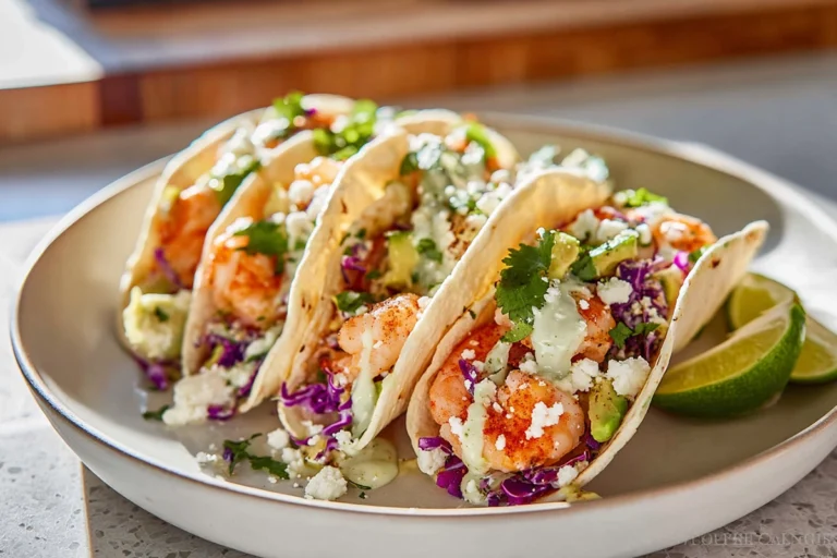 shrimp taco recipe served on a plate with fresh toppings