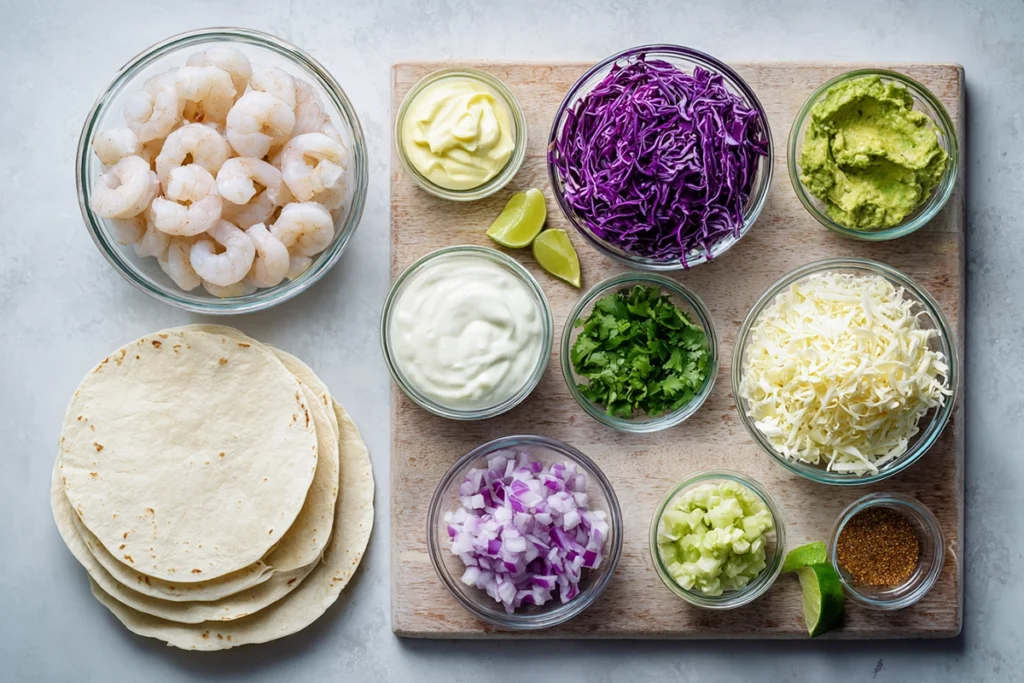 Shrimp Taco Recipe for Cozy, No-Fuss Taco Nights 7 shrimp taco recipe ingredients laid out on a kitchen counter