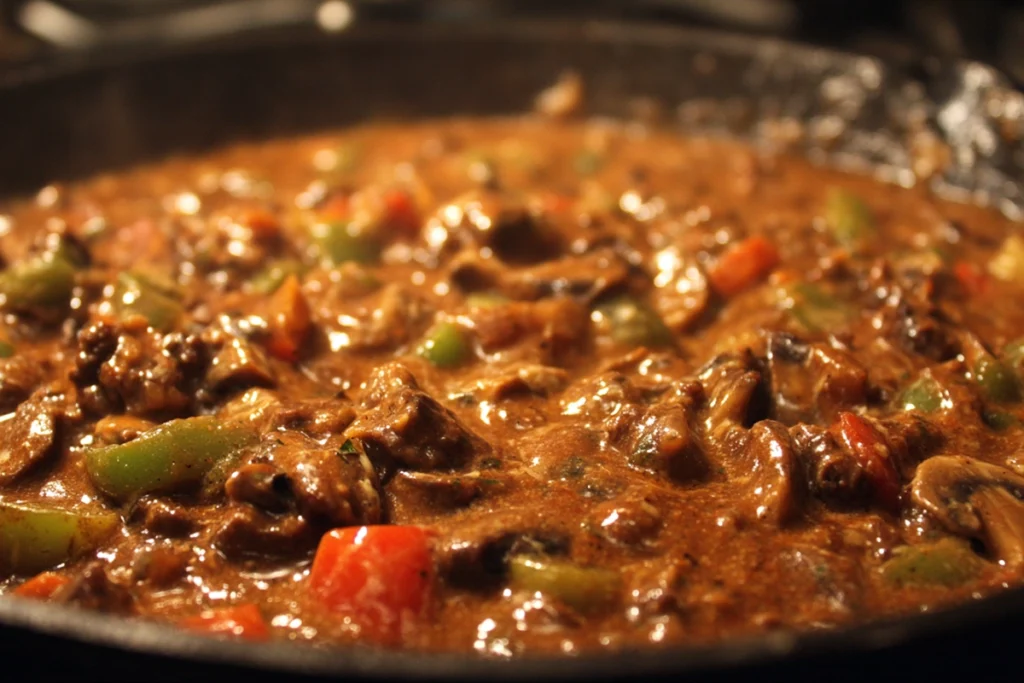 Philly cheese steak sloppy joes filling simmering in skillet