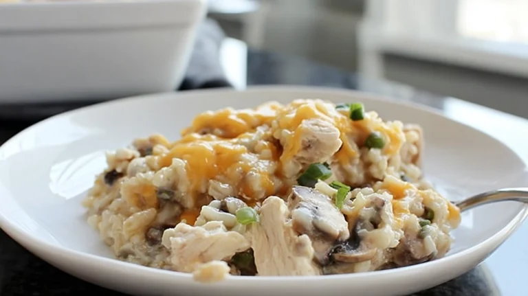 Skinny chicken and rice casserole served warm on a ceramic plate