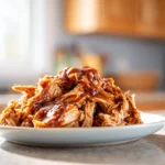 slow cooker bbq chicken served on a modern ceramic plate in a cozy home kitchen