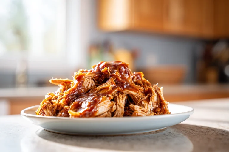 slow cooker bbq chicken served on a modern ceramic plate in a cozy home kitchen