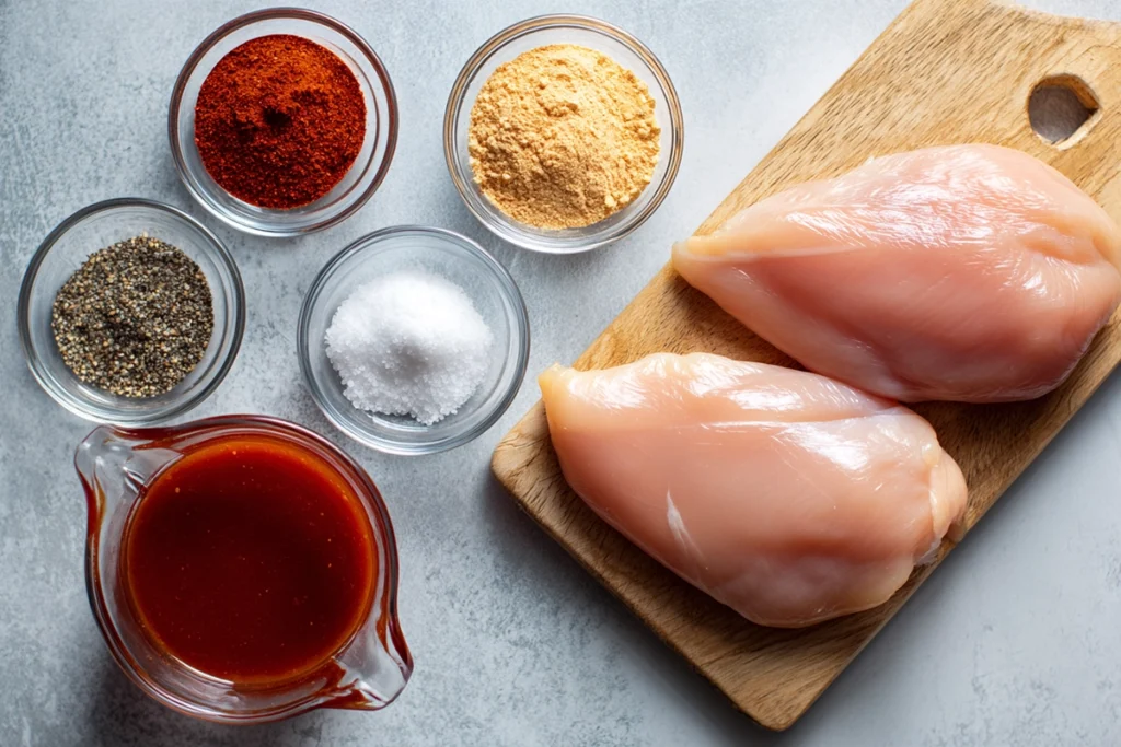 ingredients for slow cooker bbq chicken arranged neatly on a kitchen counter